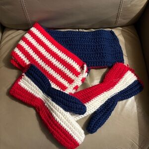 Red, White, and Blue Crochet Scarf and Mittens Set